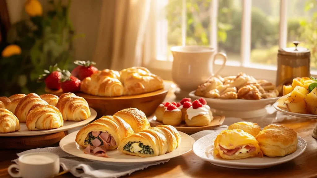 A cozy breakfast table with golden-brown crescent rolls stuffed with eggs and cheese, flaky rolls with ham and spinach, sweet pastries with fruit filling, mini crescent roll sandwiches, fresh fruit, and a steaming cup of coffee, with warm sunlight streaming through a window.