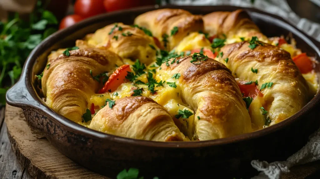 A warm crescent roll breakfast casserole with golden-brown rolls, scrambled eggs, bell peppers, and melted cheese, garnished with fresh herbs in a rustic ceramic baking dish on a wooden countertop in morning light.