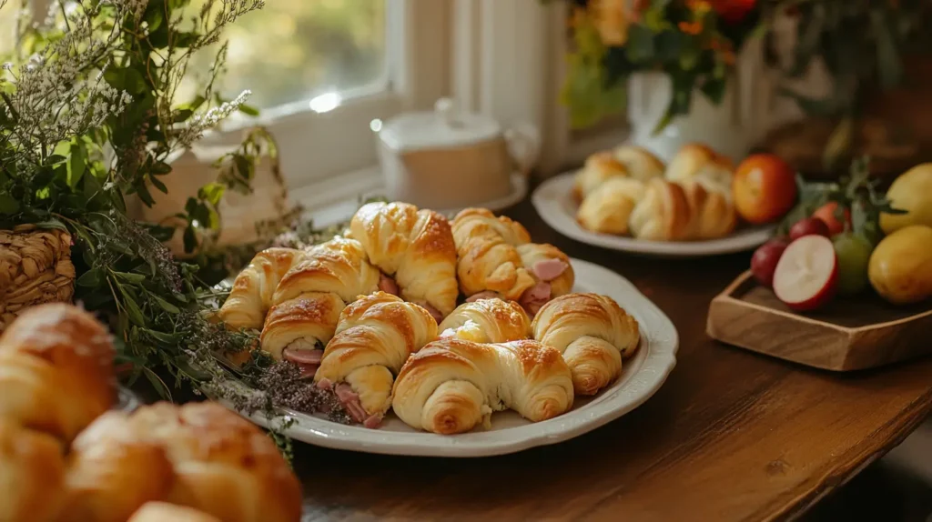 A cozy breakfast table with savory crescent rolls filled with cheese, ham, and spinach, displayed on a rustic wooden table with fresh fruits and herbs, illuminated by soft morning light from a nearby window.