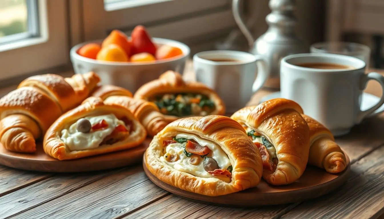 A cozy breakfast scene with golden-brown crescent rolls filled with cream cheese and fruit, bacon and eggs, spinach and cheese, arranged on a rustic wooden table with a steaming cup of coffee and fresh fruit.