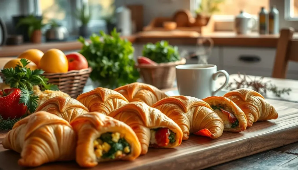 A breakfast spread featuring golden, flaky crescent rolls filled with scrambled eggs, cheese, spinach, and bacon, set on a rustic wooden table with fresh herbs, colorful fruits, and a steaming cup of coffee in warm morning light.