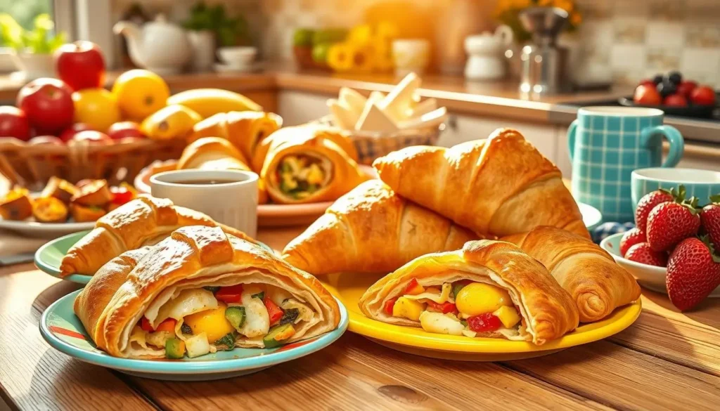 A vibrant kitchen scene with golden-brown filled with eggs, cheese, and vegetables, surrounded by fresh fruits, coffee, and colorful plates on a wooden table, with sunlight streaming through a window