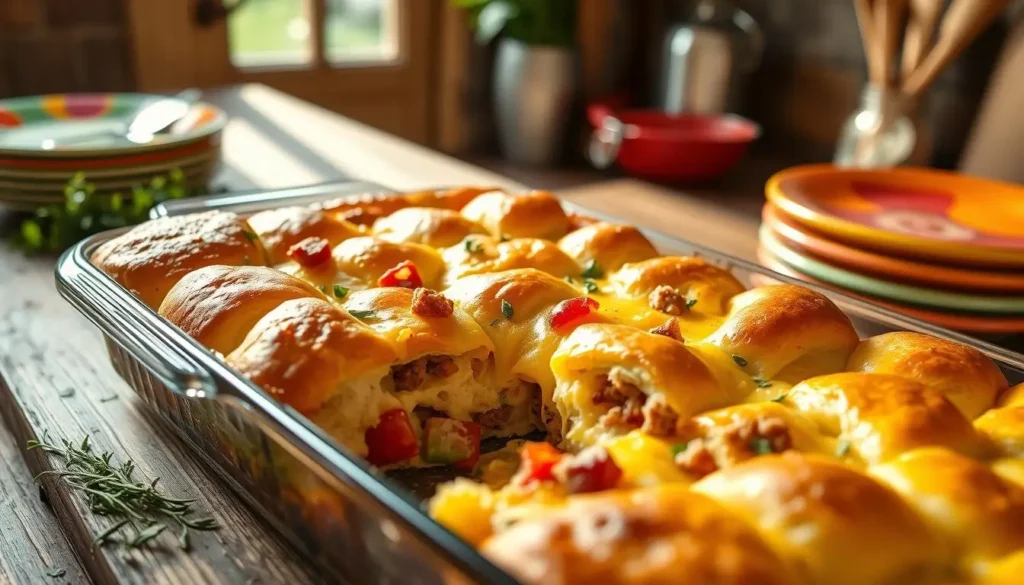 A cozy kitchen scene featuring a freshly baked crescent roll breakfast casserole with melted cheese, diced bell peppers, and crumbled sausage, set on a rustic wooden table with fresh herbs, colorful plates, and morning sunlight.