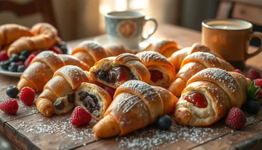 A cozy breakfast scene featuring sweet crescent rolls filled with cinnamon, chocolate, and fruit preserves, glistening with a light glaze, surrounded by fresh berries, powdered sugar, and a steaming cup of coffee on a rustic wooden table.