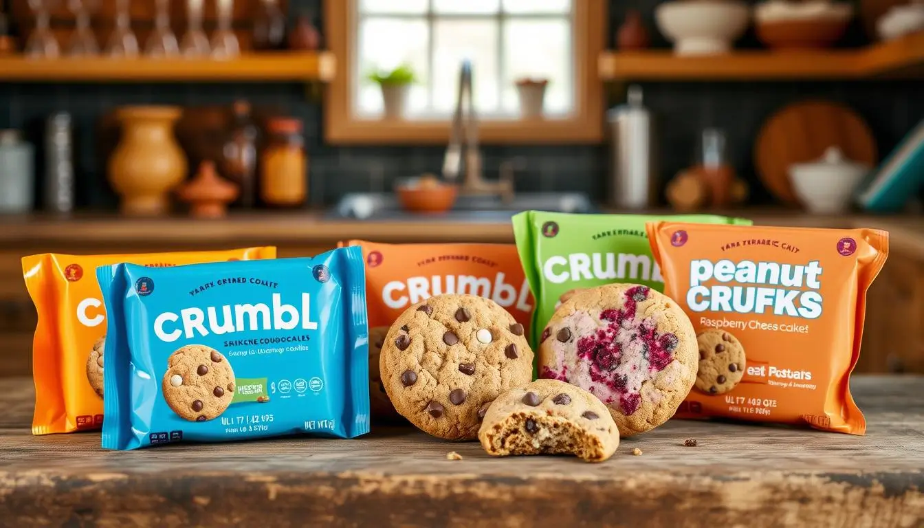 Colorful display of Crumbl cookies, including Chocolate Chip, Snickerdoodle, Peanut Butter, and Raspberry Cheesecake, on a rustic wooden table with a warm kitchen background and soft natural lighting.