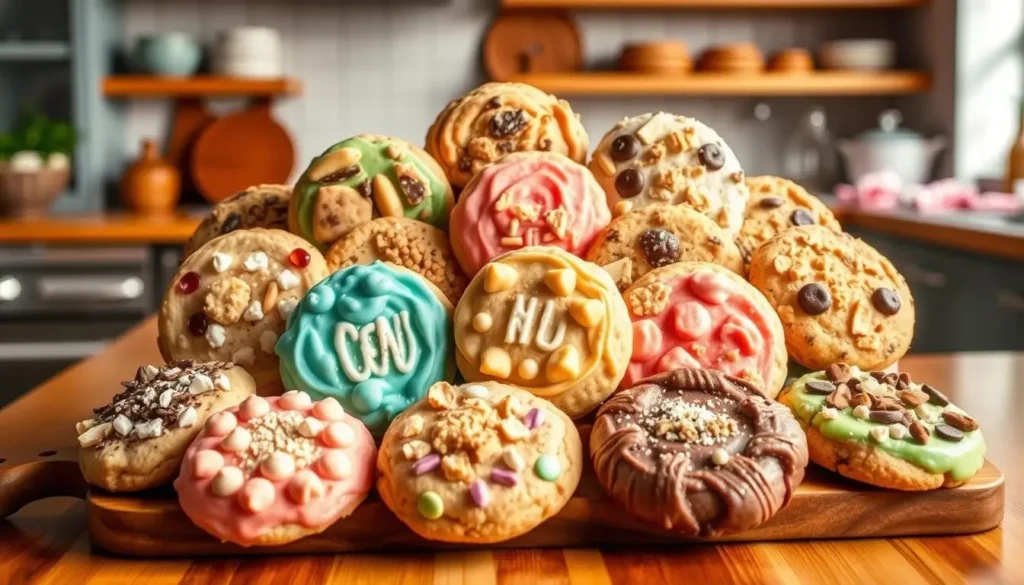 Colorful display of top 10 Crumbl cookies arranged on a stylish wooden board, featuring various flavors, textures, toppings, and decorations, surrounded by a cozy baking kitchen with soft natural light