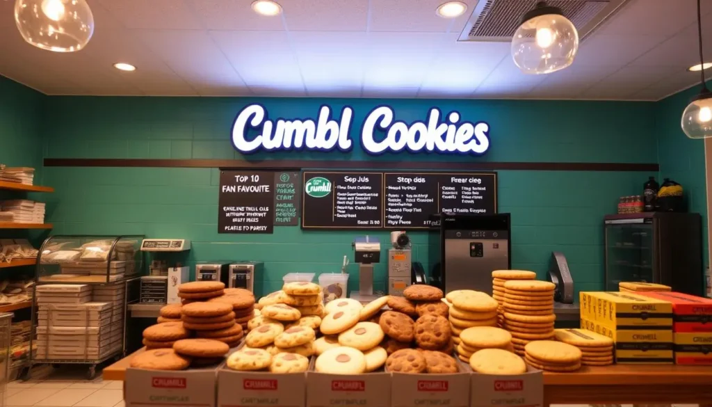 Vibrant Crumbl Cookies shop interior featuring top 10 fan-favorite cookies with various colors and textures, warm lighting, neatly stacked cookie boxes, and a cozy neighborhood bakery ambiance.