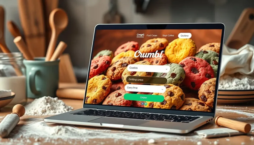 Vibrant display of colorful Crumbl cookies on a modern laptop screen, showcasing the online ordering interface, surrounded by cozy kitchen elements like baking utensils and flour.