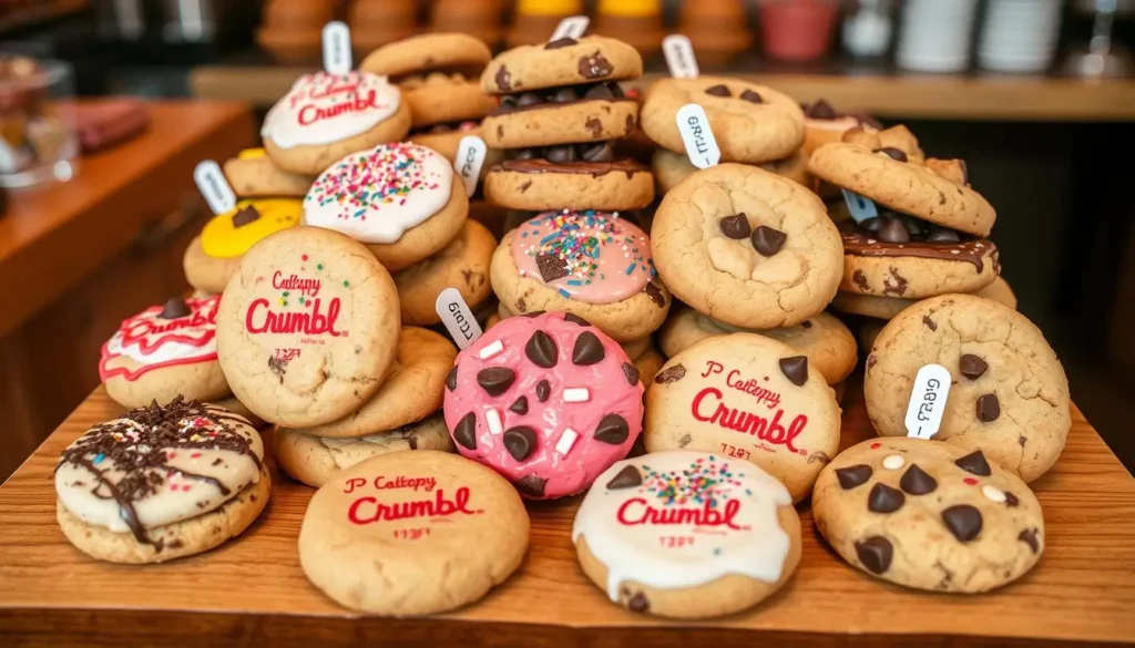 Colorful display of Crumbl cookies on a wooden table, featuring soft, chewy cookies topped with frosting, sprinkles, and chocolate chips, with subtle price tags attached, in a cozy bakery setting.