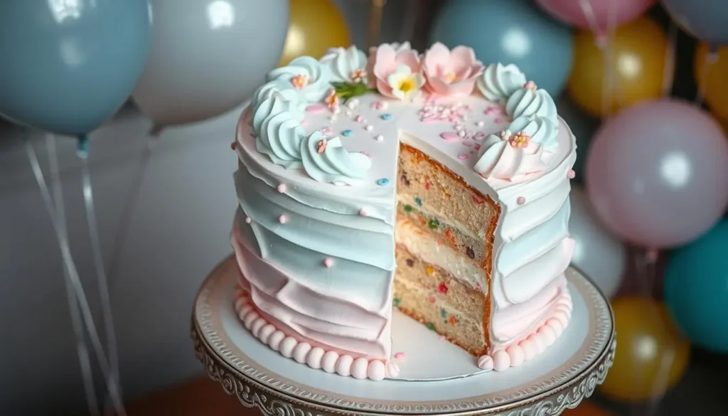 A gender reveal cake with pink and blue decorations, revealing the baby's gender with colored filling.