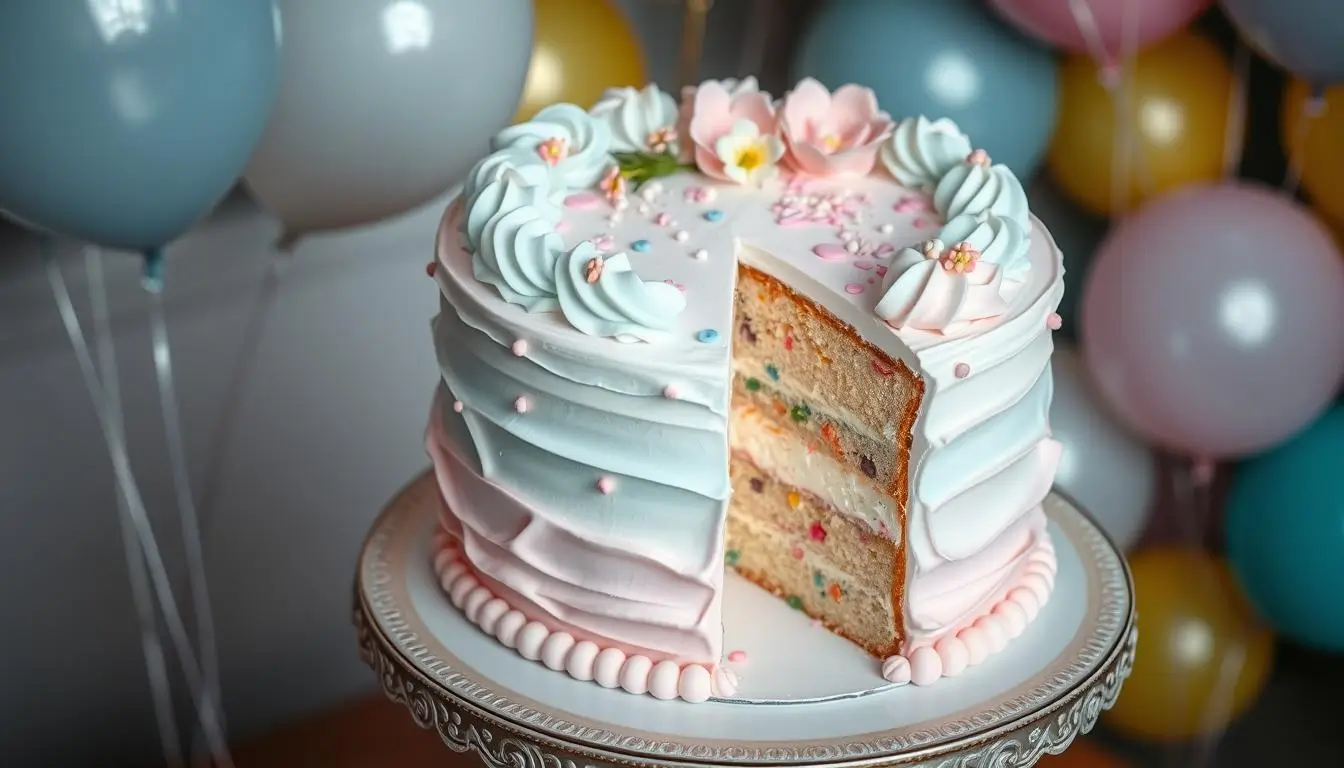 A gender reveal cake with pink and blue decorations, revealing the baby's gender with colored filling.