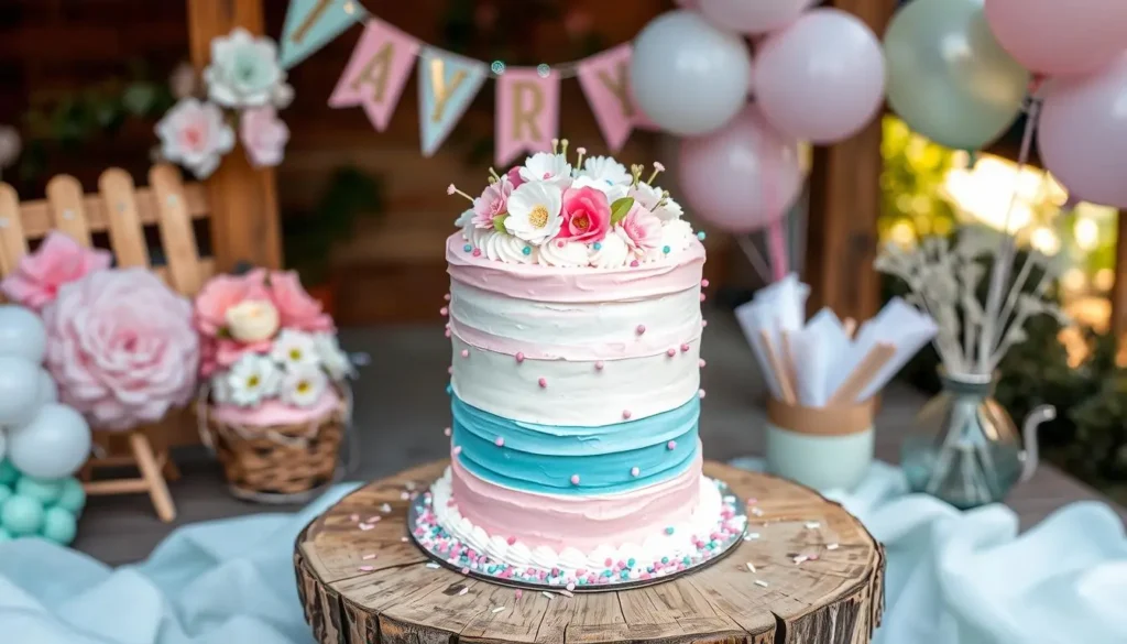 A selection of gender reveal cakes with pink and blue decorations and hidden color reveals.