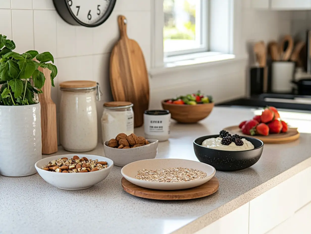 A kitchen counter displaying healthy gluten and dairy-free breakfast ingredients, including gluten-free oats, almond milk, fresh fruit, and nuts. Plates with smoothie bowls, avocado toast on gluten-free bread, and chia seed pudding are ready to serve. The light, welcoming workspace has a clock showing early morning, emphasizing quick and easy recipes.