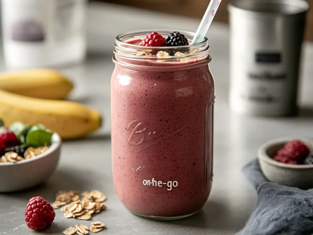 A vibrant smoothie in a glass or mason jar filled with bananas, berries, spinach, chia seeds, and granola, placed on a countertop with a reusable straw and a small bowl of additional fruits nearby. A travel mug is also visible, set against a bright, minimal background with morning light streaming in