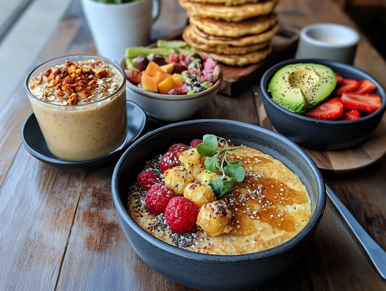 A beautifully arranged breakfast table featuring gluten and dairy-free dishes, including a vibrant smoothie bowl with fresh fruits and seeds, chickpea pancakes with maple syrup, a vegetable frittata made with egg substitutes, overnight oats with almond milk, and avocado on gluten-free toast garnished with microgreens, set on a rustic wooden table illuminated by natural light.