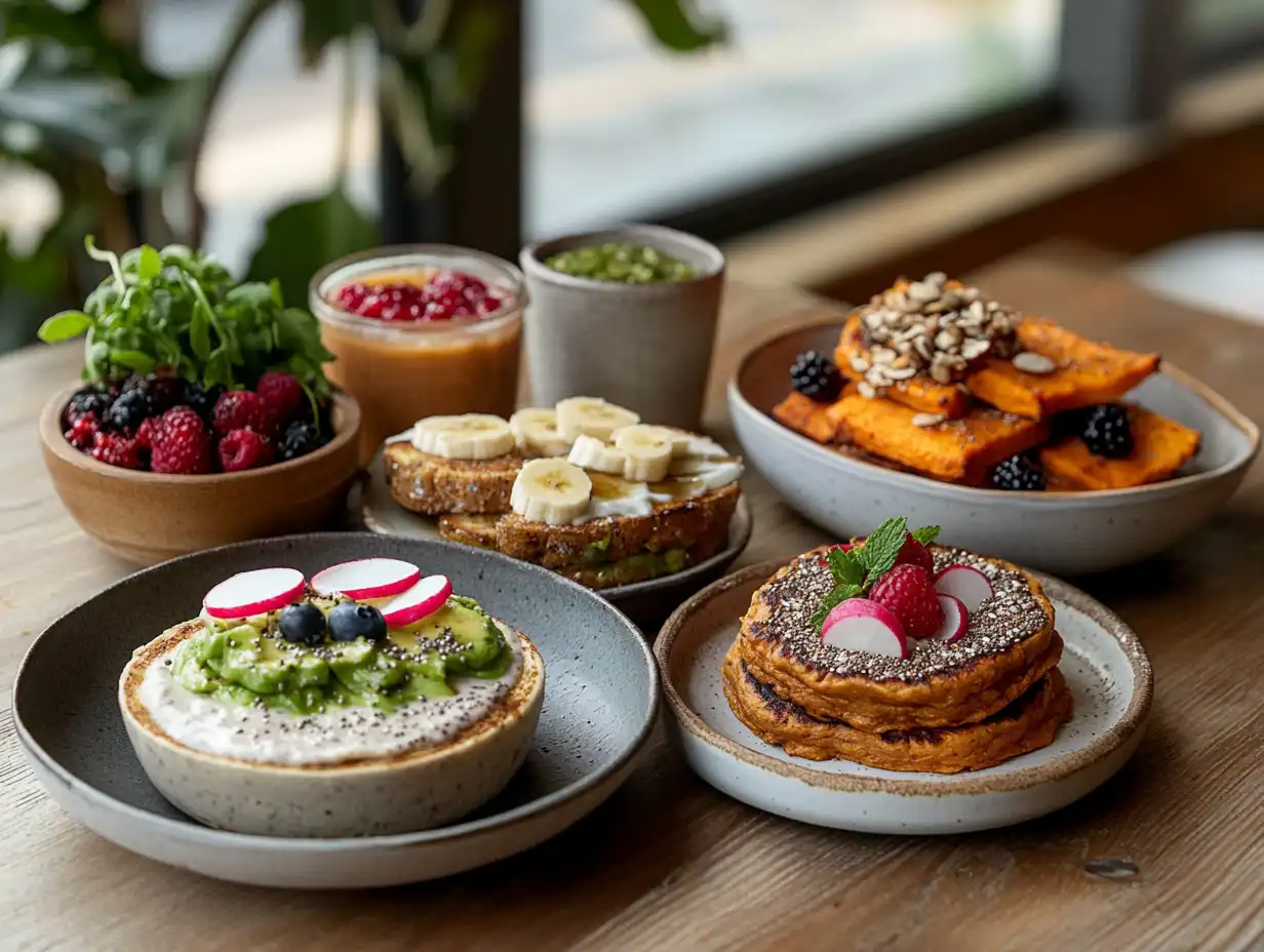 A vibrant gluten and dairy-free breakfast spread featuring chia seed pudding with fresh berries, avocado toast on gluten-free bread with radishes, almond butter smoothie bowl with bananas and seeds, and sweet potato pancakes drizzled with maple syrup on a rustic wooden table.