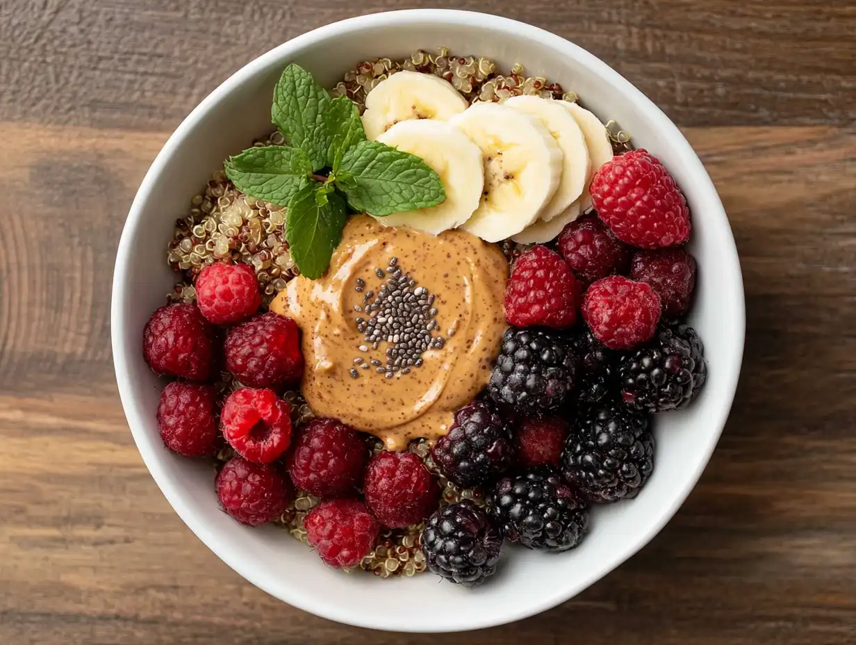 A vibrant gluten and dairy-free breakfast bowl with quinoa, sliced bananas, fresh berries, almond butter drizzle, garnished with chia seeds and mint leaves, on a rustic wooden background.