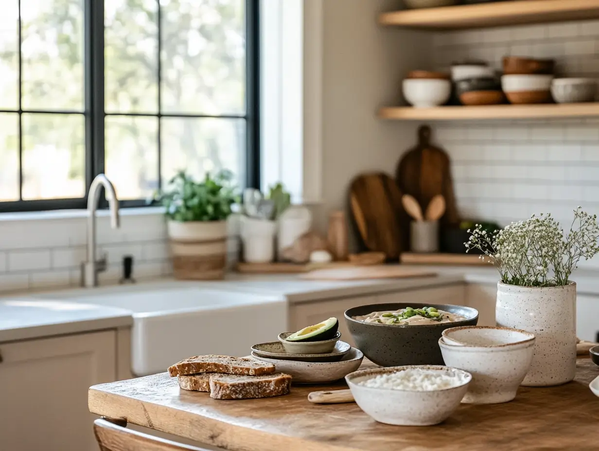 Before-and-after style image showing a cluttered kitchen counter on the left, filled with hard-to-find gluten and dairy-free ingredients, and a beautifully arranged breakfast table on the right with vibrant, easy-to-make gluten and dairy-free options like a smoothie bowl, avocado toast on gluten-free bread, and chia pudding. The transformation highlights the ease and enjoyment of gluten and dairy-free breakfasts