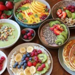 A vibrant gluten-free and dairy-free breakfast spread featuring smoothie bowls with fresh fruits, chia seed pudding with nuts and berries, avocado toast on gluten-free bread, quinoa porridge with cinnamon and bananas, chickpea flour vegetable omelette, gluten-free pancakes with maple syrup and fruit compote, dairy-free yogurt with granola, fruit salad with mint, and herbal tea in a bright, cozy kitchen