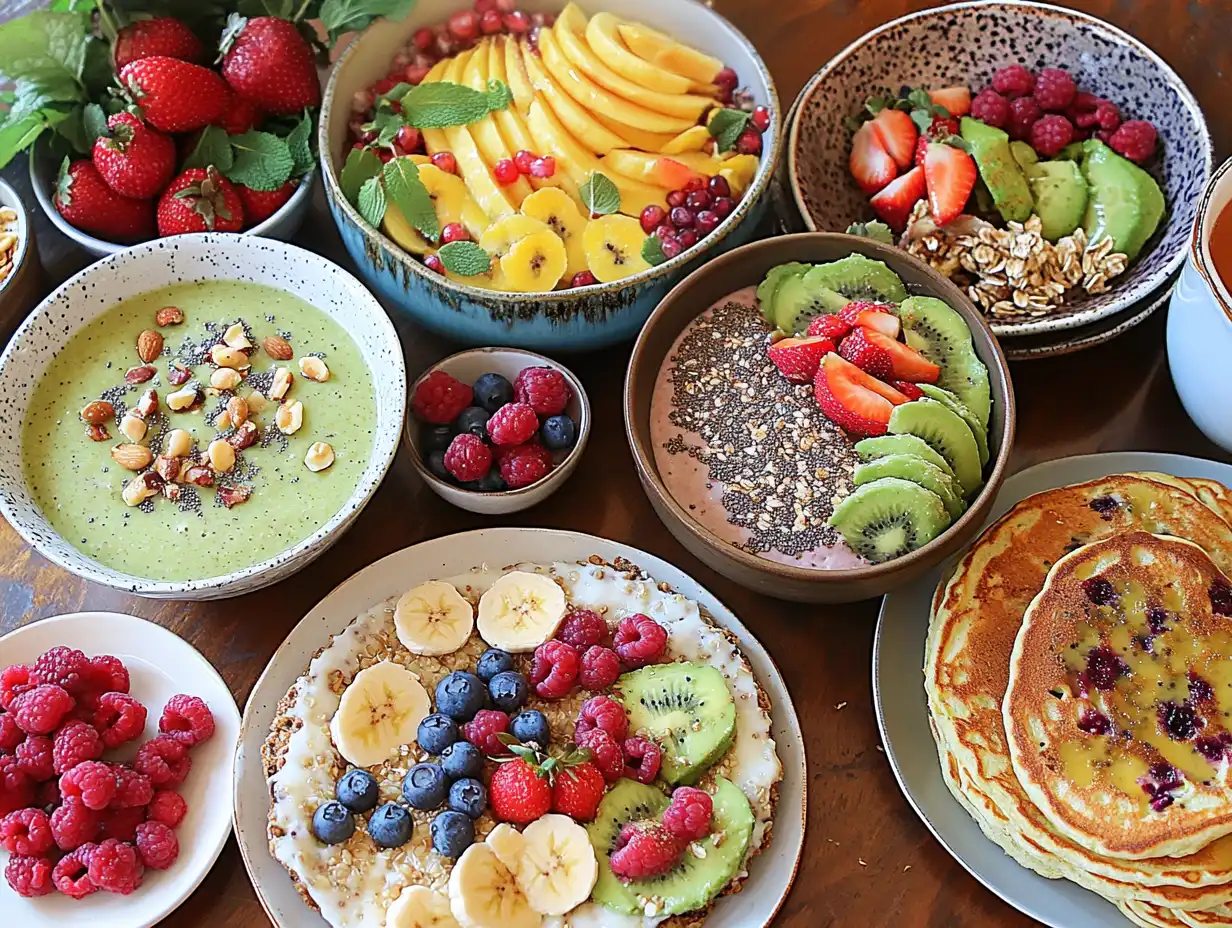 A vibrant gluten-free and dairy-free breakfast spread featuring smoothie bowls with fresh fruits, chia seed pudding with nuts and berries, avocado toast on gluten-free bread, quinoa porridge with cinnamon and bananas, chickpea flour vegetable omelette, gluten-free pancakes with maple syrup and fruit compote, dairy-free yogurt with granola, fruit salad with mint, and herbal tea in a bright, cozy kitchen