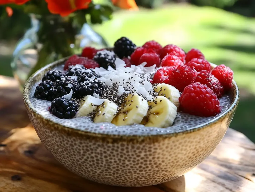 A bowl of chia seed pudding topped with fresh berries, banana slices, and coconut flakes on a rustic wooden table, with soft natural light and a vase of flowers in the background.