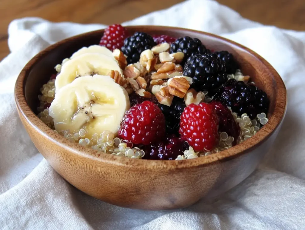 A vibrant quinoa breakfast bowl with fluffy quinoa, fresh berries, banana slices, honey drizzle, and a sprinkle of nuts, served in a rustic wooden bowl on a textured linen tablecloth with soft morning light