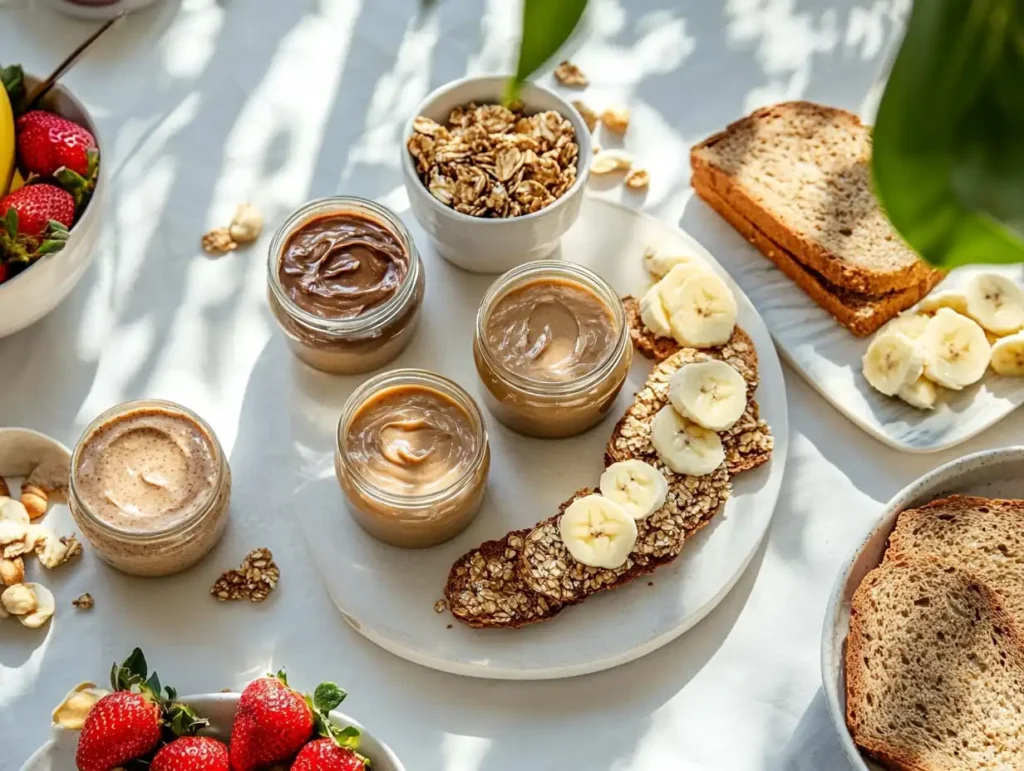 A beautifully arranged breakfast table with jars of almond butter, cashew butter, and hazelnut spread, surrounded by gluten-free bread slices, fresh bananas, strawberries, and a bowl of granola, bathed in natural sunlight.