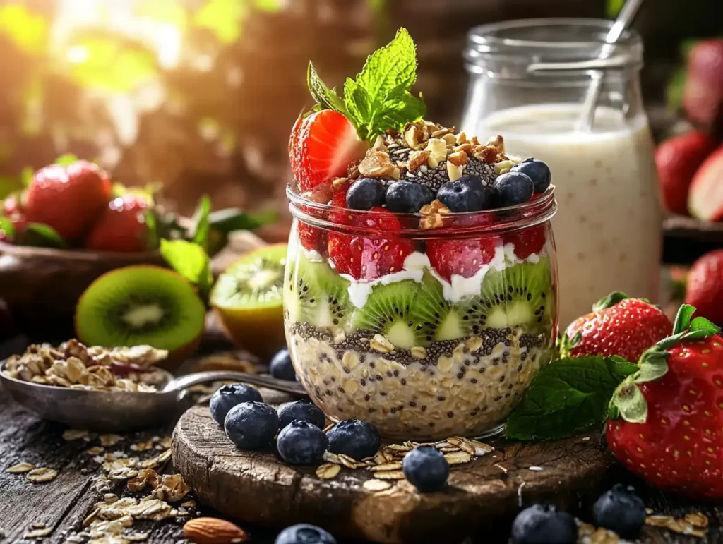 A cozy breakfast scene with a jar of overnight oats layered with almond milk, chia seeds, and topped with fresh strawberries, blueberries, kiwi, honey drizzle, and nuts, placed on a rustic wooden tray with surrounding ingredients like oats, almond milk, and fresh fruits in soft morning light.