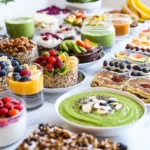 A beautifully arranged gluten-free dairy-free breakfast spread featuring smoothie bowls with fresh fruits and seeds, quinoa pancakes with maple syrup, avocado toast on whole grain bread, chia seed pudding with berries, nut butter and fruit energy bars, oatmeal with bananas and nuts, and green smoothies in elegant glassware, illuminated by natural light