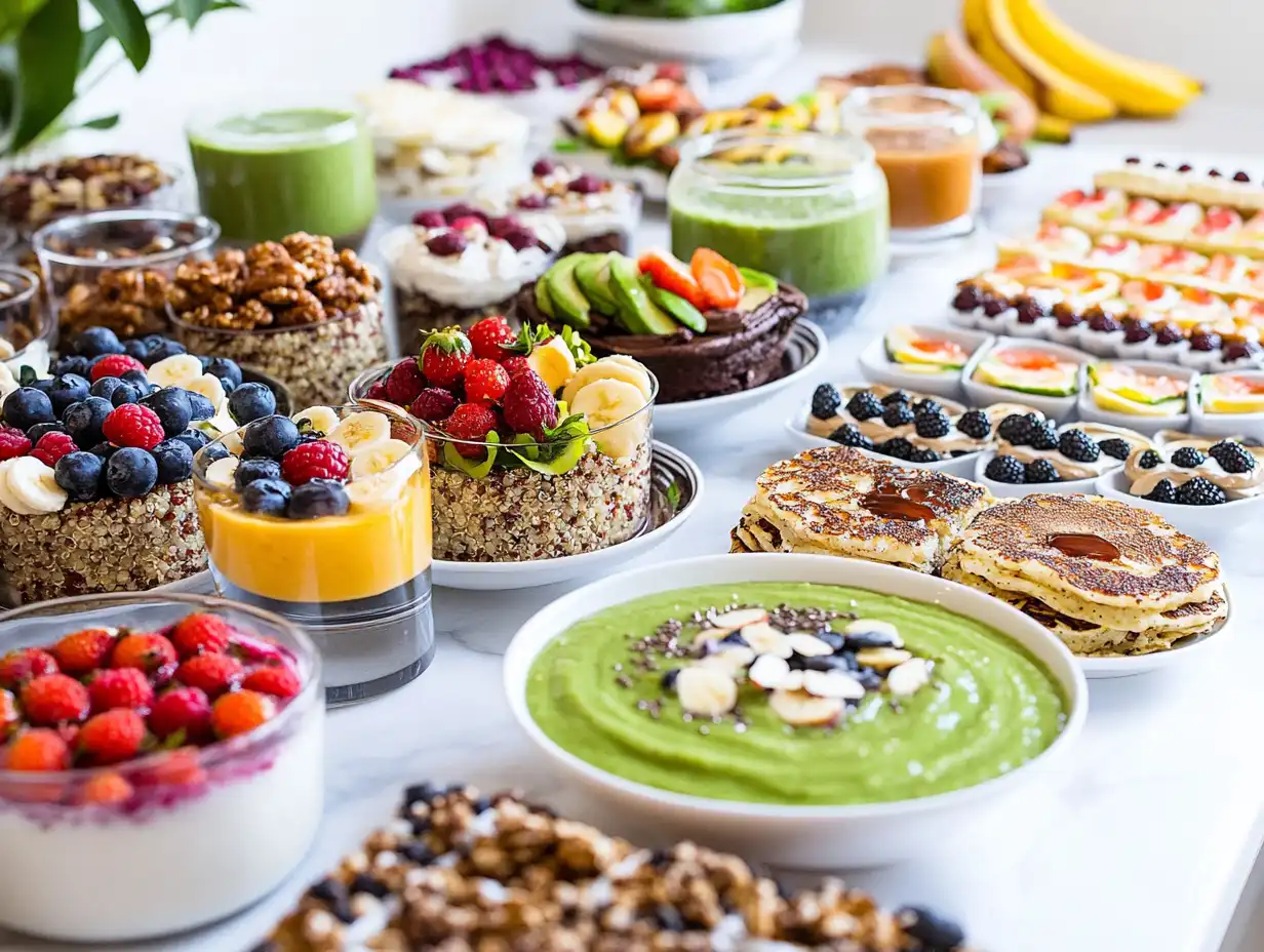 A beautifully arranged gluten-free dairy-free breakfast spread featuring smoothie bowls with fresh fruits and seeds, quinoa pancakes with maple syrup, avocado toast on whole grain bread, chia seed pudding with berries, nut butter and fruit energy bars, oatmeal with bananas and nuts, and green smoothies in elegant glassware, illuminated by natural light