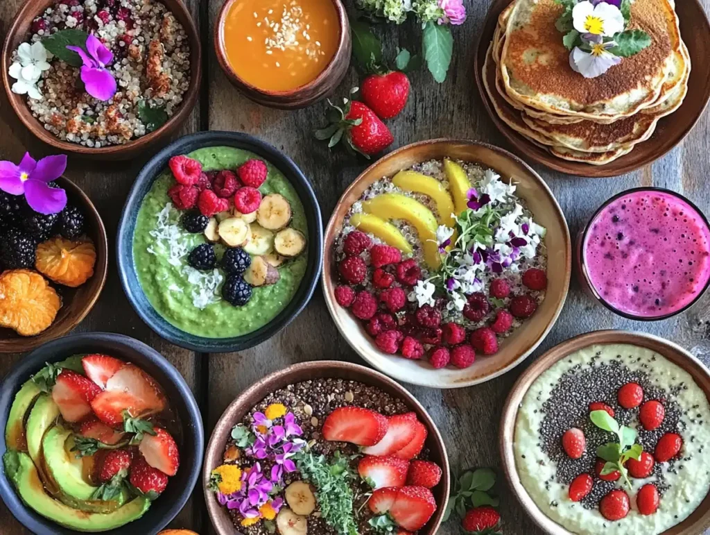 A vibrant egg-free gluten-free breakfast spread featuring quinoa bowls with fresh fruits and nuts, smoothie bowls with edible flowers and seeds, avocado toast on gluten-free bread with cherry tomatoes and microgreens, and gluten-free pancakes with maple syrup and berries, arranged on a rustic wooden table in natural light.