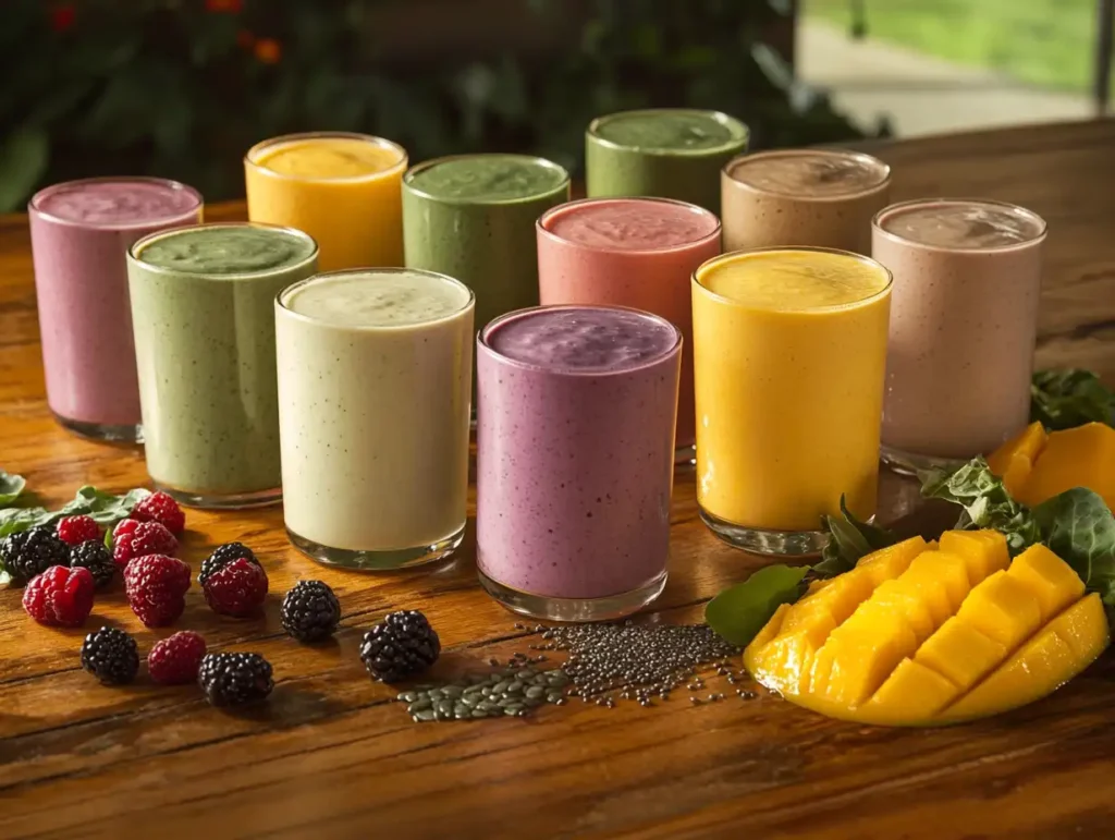 A vibrant assortment of colorful breakfast smoothies in shades of green, pink, yellow, and purple, surrounded by fresh fruits like bananas, berries, and mangoes, along with leafy greens and seeds, arranged on a wooden table with soft morning light