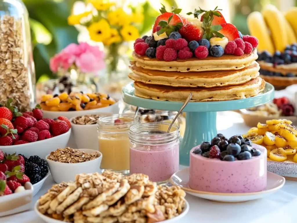 A beautifully arranged breakfast table showcasing gluten-free, dairy-free desserts, including smoothie bowls with fresh fruits and seeds, chia seed puddings in jars, almond flour pancakes with maple syrup and berries, granola clusters with coconut yogurt, and almond-coconut banana bread, illuminated by soft morning light.