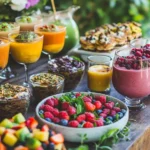 A vibrant breakfast spread featuring gluten-free lactose-free dishes: colorful smoothie bowls with fresh fruits, gluten-free pancakes with maple syrup, chia seed puddings in elegant glasses, almond flour muffins, a colorful fruit salad, and herbal tea, all set on a rustic wooden table surrounded by greenery in natural light