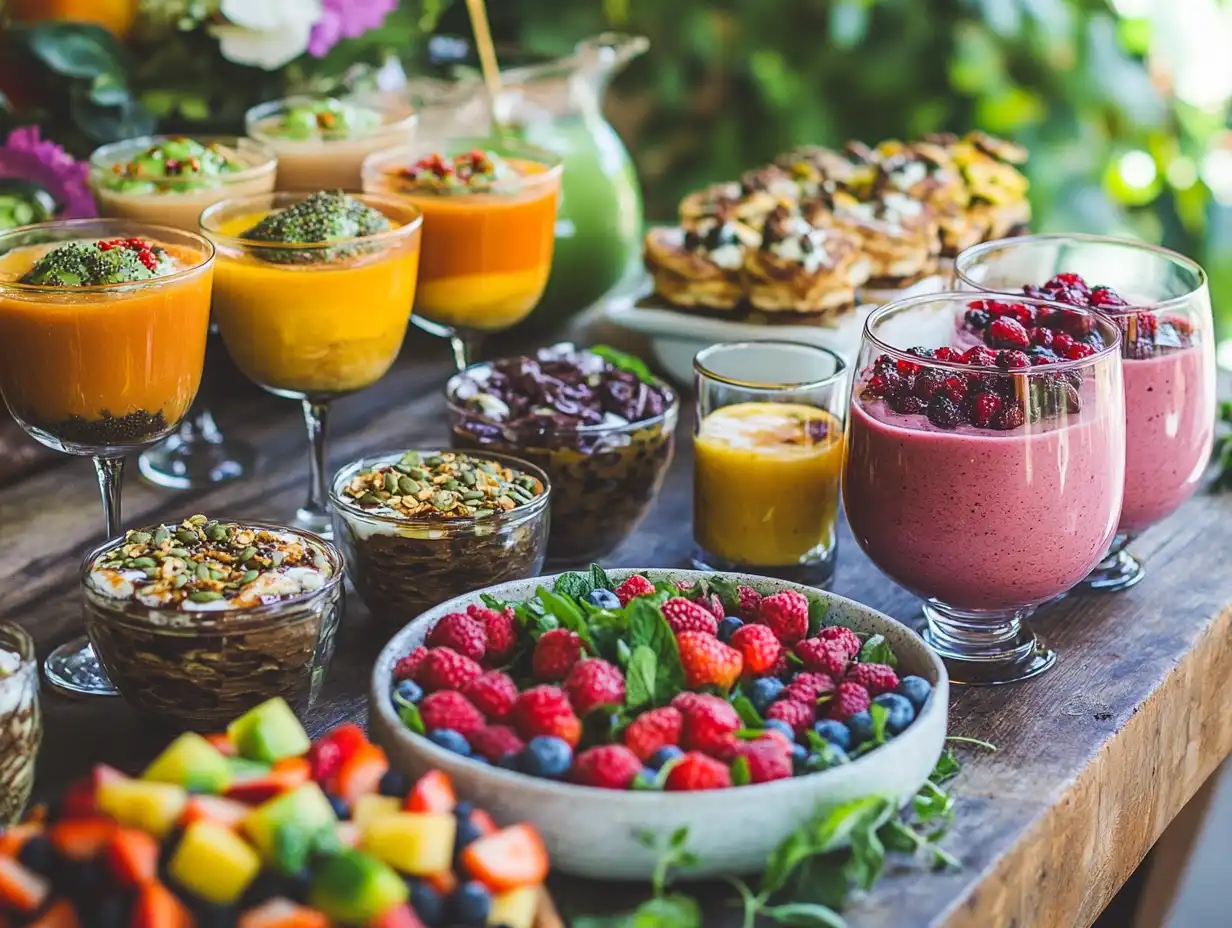 A vibrant breakfast spread featuring gluten-free lactose-free dishes: colorful smoothie bowls with fresh fruits, gluten-free pancakes with maple syrup, chia seed puddings in elegant glasses, almond flour muffins, a colorful fruit salad, and herbal tea, all set on a rustic wooden table surrounded by greenery in natural light