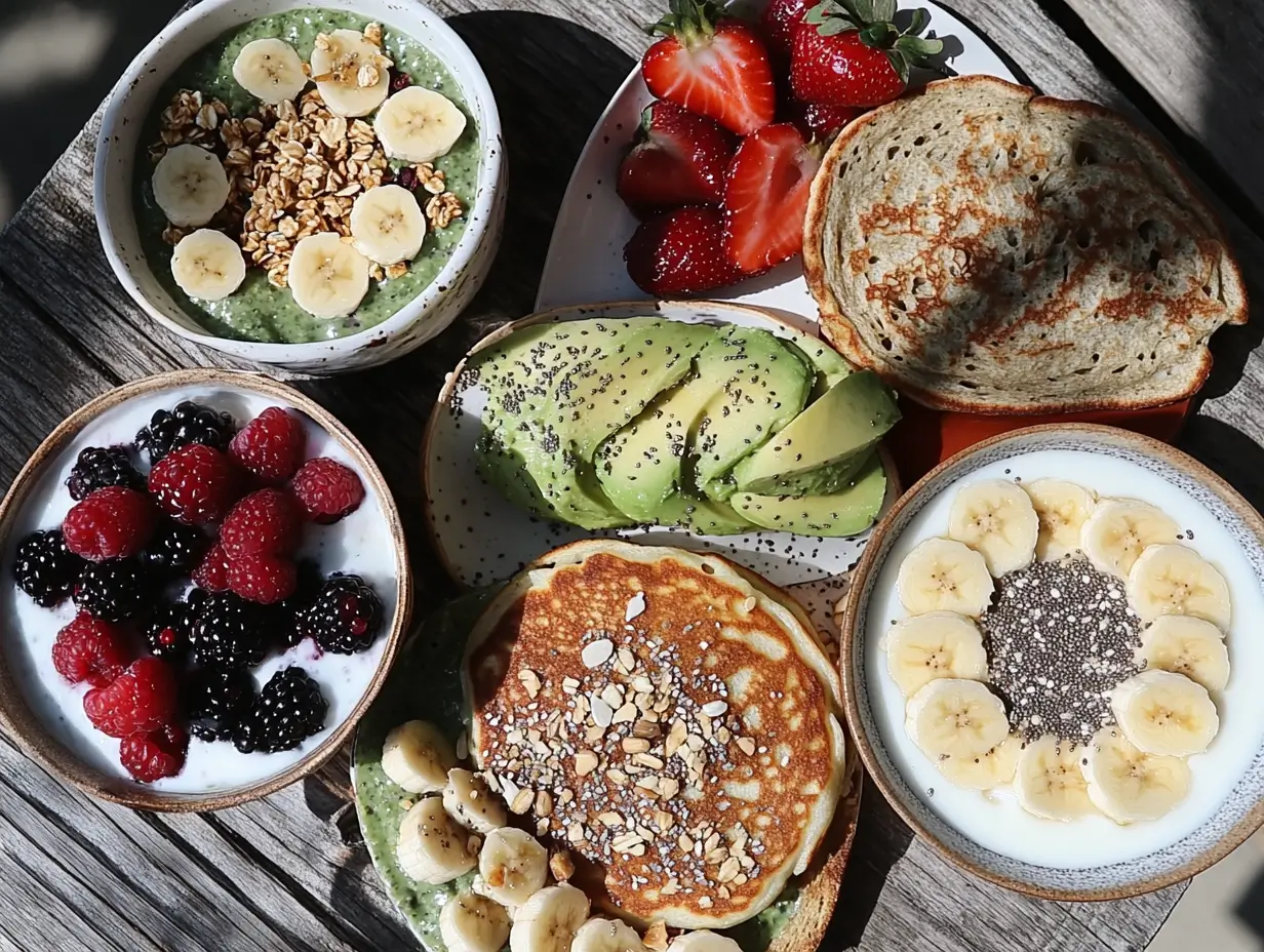 A beautiful gluten-free lactose-free breakfast spread with pancakes topped with fresh berries and maple syrup, coconut yogurt with bananas and chia seeds, avocado toast on gluten-free bread with hemp seeds, a spinach smoothie bowl with granola, and scrambled eggs made with dairy-free milk, arranged on a rustic wooden table in natural sunlight.