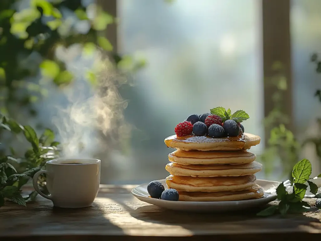 A stack of golden almond flour pancakes topped with fresh berries and drizzled with pure maple syrup, surrounded by mint sprigs and a steaming cup of herbal tea on a rustic wooden table, illuminated by soft morning light.