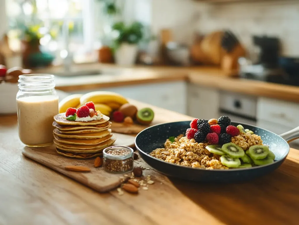 A bright kitchen scene with gluten-free lactose-free breakfast ingredients: a fruit bowl with bananas, berries, and kiwi, a skillet with chickpea flour scrambled eggs and spinach, almond butter near gluten-free pancakes with fresh fruit, almond milk, and oatmeal topped with nuts and seeds, in warm natural light.