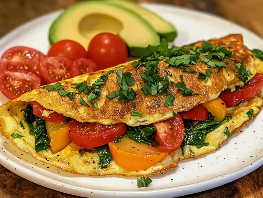 A vibrant, fluffy vegetable omelet filled with bell peppers, spinach, and tomatoes, garnished with fresh herbs, served with sliced avocado and cherry tomatoes on a rustic wooden table in natural light.