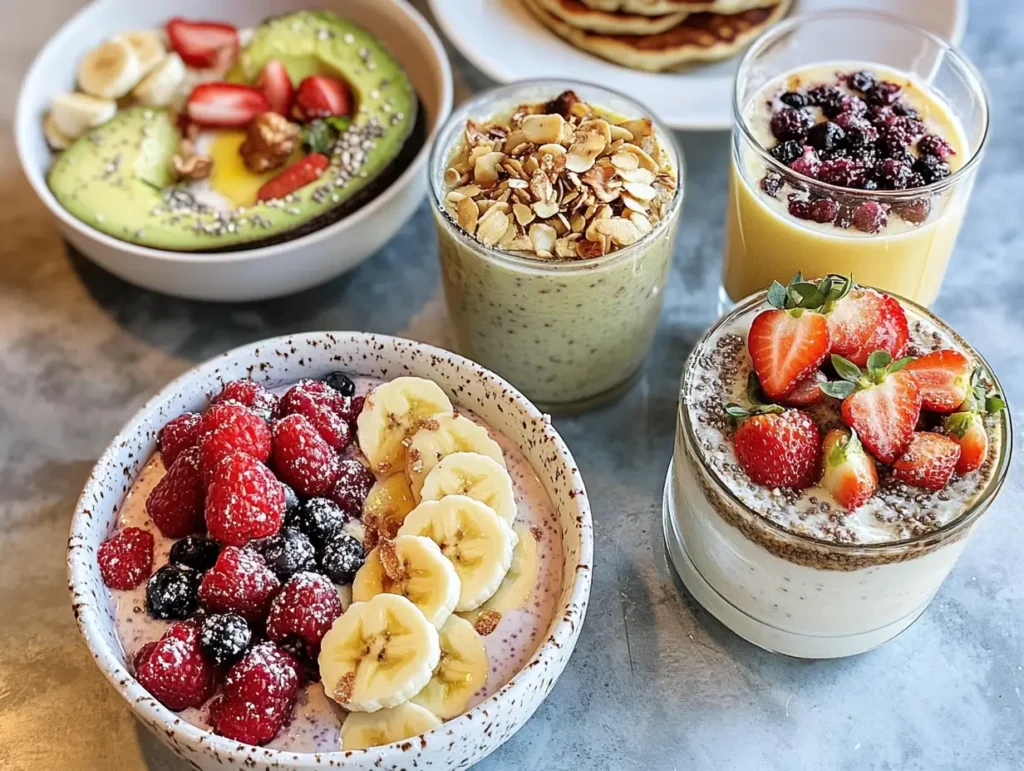 A bright breakfast table featuring gluten-free lactose-free dishes: chia seed pudding with berries and coconut flakes, gluten-free pancakes with maple syrup and fruit, a smoothie bowl with bananas, strawberries, and granola, avocado toast on gluten-free bread with cherry tomatoes and microgreens, and a glass of almond milk or dairy-free yogurt