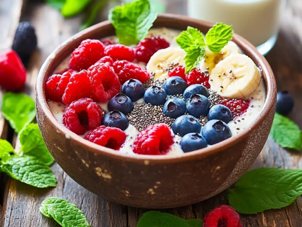 A bowl of creamy gluten-free overnight oats topped with fresh berries, banana slices, and chia seeds, placed on a rustic wooden table surrounded by green leaves and a glass of almond milk, with soft morning light.