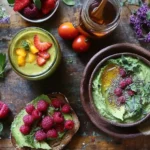 A beautifully arranged gluten or dairy-free breakfast spread on a rustic wooden table, featuring avocado toast on gluten-free bread with cherry tomatoes, a vibrant berry smoothie bowl with coconut flakes, almond yogurt topped with honey and fresh fruit, chia seed pudding in a glass jar, and herbal tea, surrounded by fresh herbs and colorful fruits.