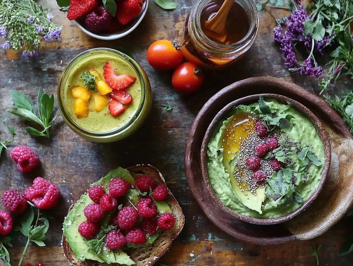 A beautifully arranged gluten or dairy-free breakfast spread on a rustic wooden table, featuring avocado toast on gluten-free bread with cherry tomatoes, a vibrant berry smoothie bowl with coconut flakes, almond yogurt topped with honey and fresh fruit, chia seed pudding in a glass jar, and herbal tea, surrounded by fresh herbs and colorful fruits.