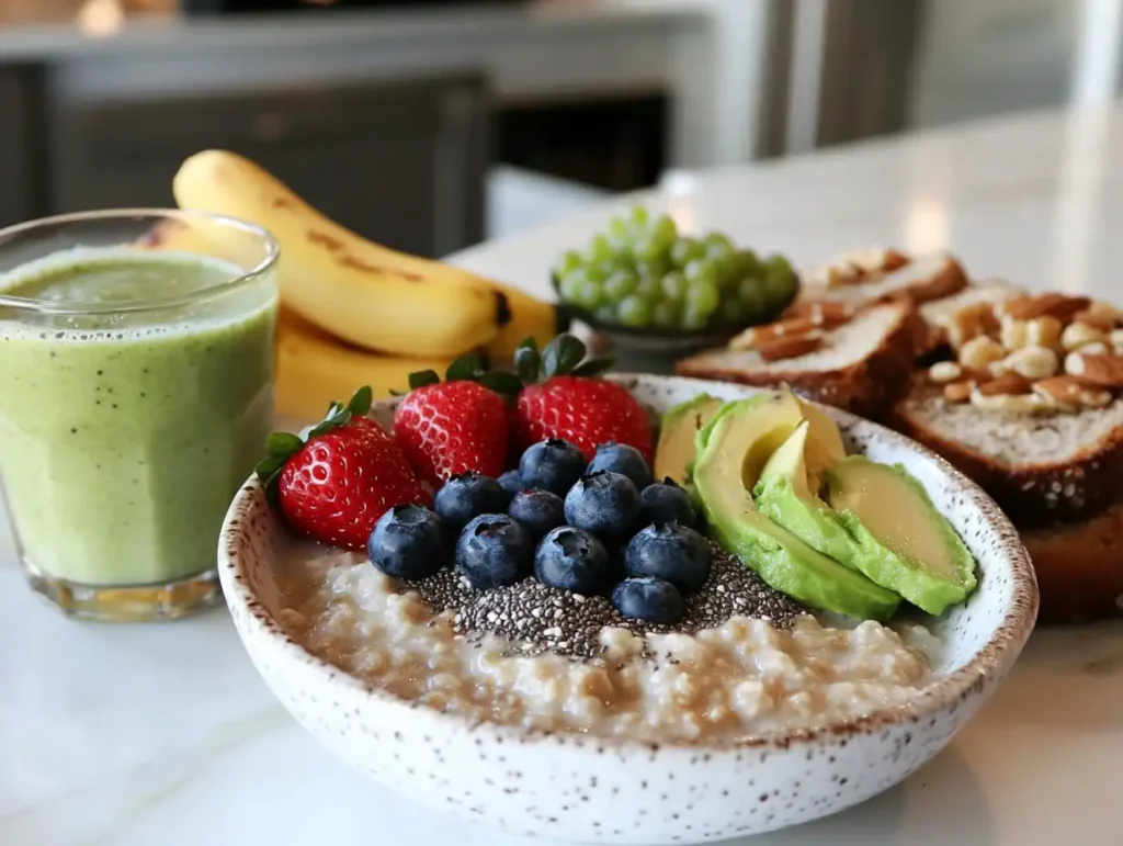 A bright and inviting gluten-free breakfast spread featuring a bowl of oatmeal topped with blueberries, strawberries, chia seeds, and honey, alongside avocado toast on gluten-free bread with microgreens, a bowl of mixed nuts and seeds, a green smoothie in a clear glass, and fresh fruits like bananas, oranges, and kiwi, all arranged in a natural setting with soft morning sunlight.