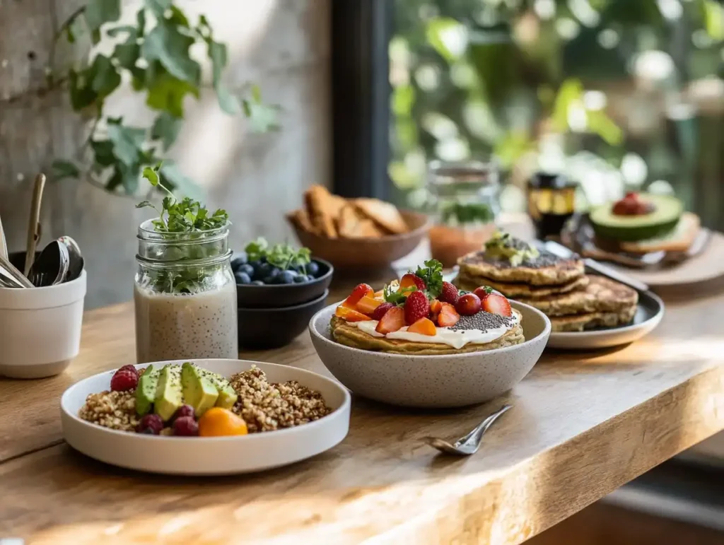 A vibrant breakfast table showcasing gluten and dairy-free dishes, including a smoothie bowl topped with fresh fruits and seeds, quinoa pancakes drizzled with maple syrup, chia seed pudding in a mason jar, and avocado toast on gluten-free bread with microgreens, illuminated by natural morning light.