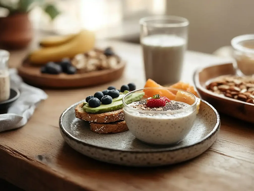 A vibrant gluten and dairy-free breakfast spread with fresh fruits, smoothies in clear glasses, avocado toast on whole grain bread, chia seed pudding topped with berries, and a bowl of oatmeal with nuts and seeds, arranged on ceramic plates in a sunny kitchen with natural light.