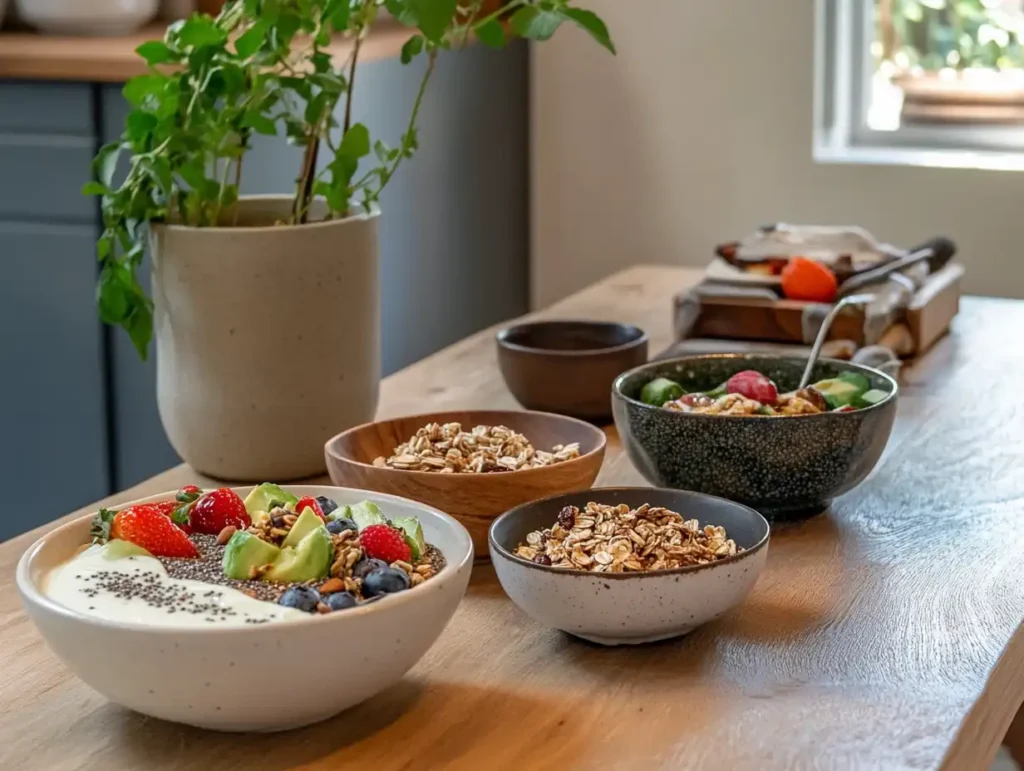 A beautifully arranged breakfast table with gluten-free and dairy-free dishes, including fruit bowls, avocado toast on gluten-free bread, almond yogurt parfaits with granola, smoothie bowls garnished with seeds and nuts, and a steaming cup of herbal tea, set in a bright, airy kitchen.