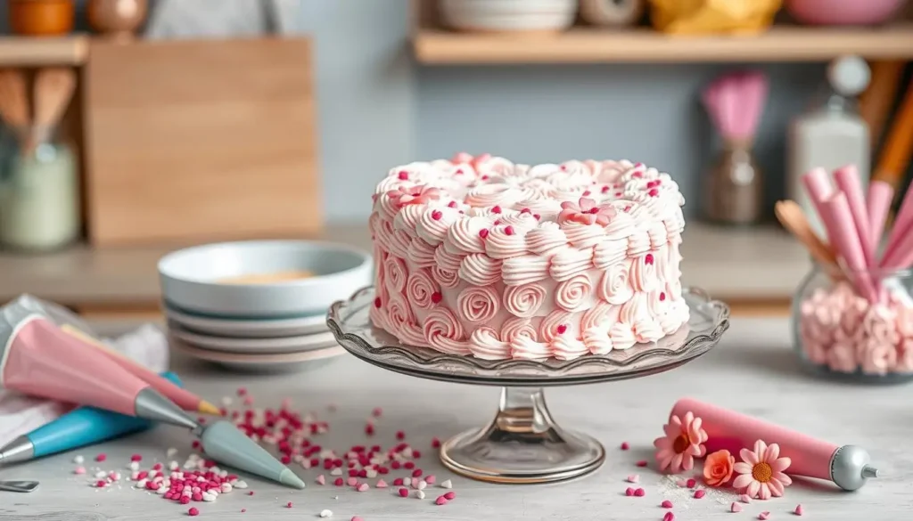 Heart-shaped cake with pink and white rose swirl frosting, displayed on a glass cake stand surrounded by baking tools, pink sprinkles, and fondant decorations.