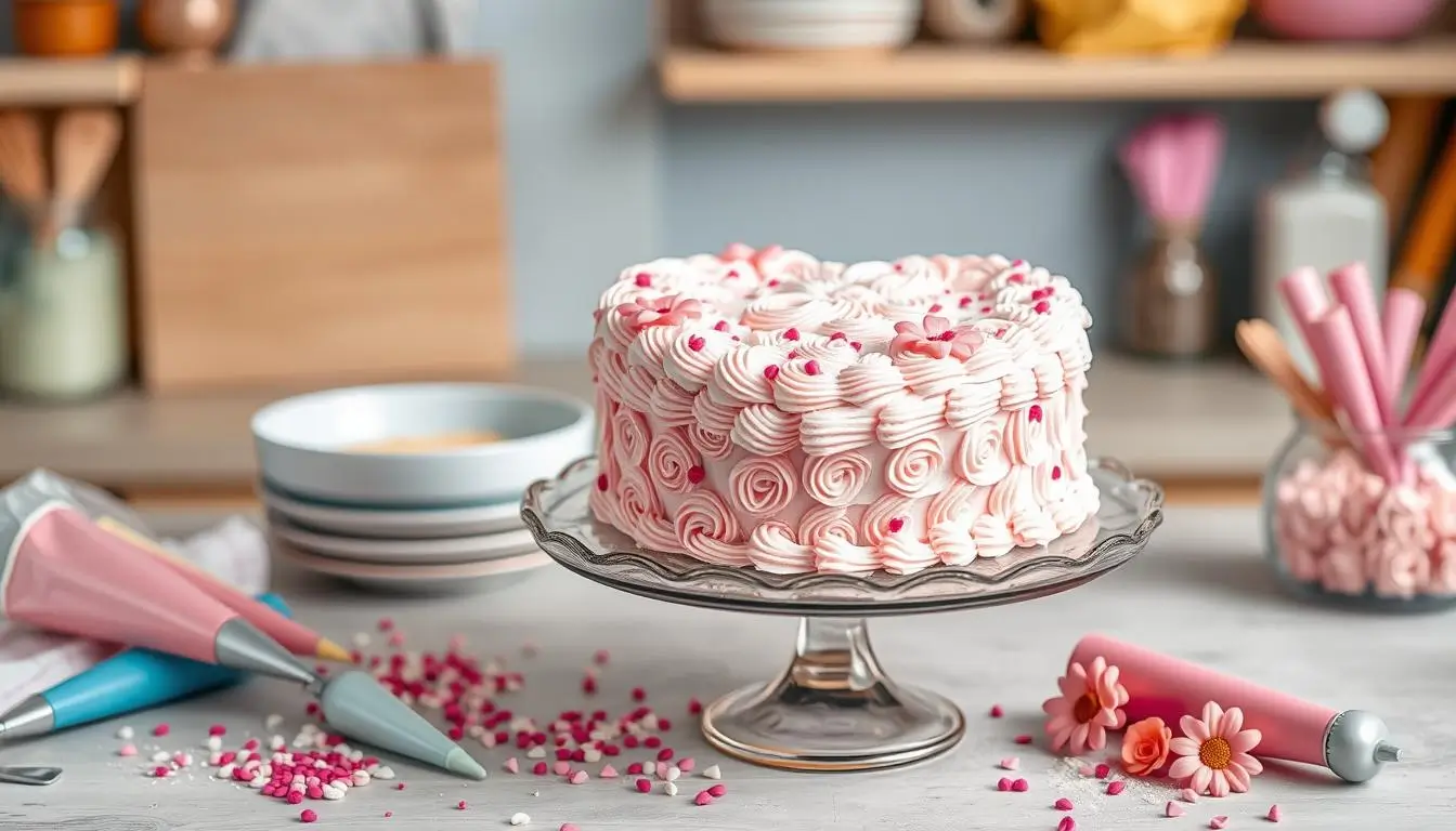 Heart-shaped cake with pink and white rose swirl frosting, displayed on a glass cake stand surrounded by baking tools, pink sprinkles, and fondant decorations.