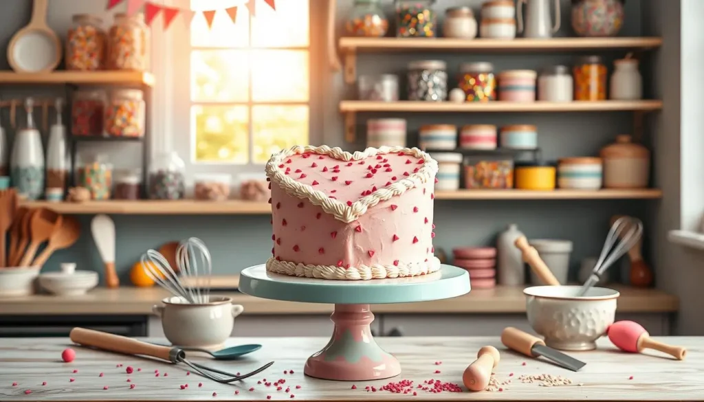 A whimsical kitchen scene with a heart-shaped cake on a pastel cake stand, surrounded by baking tools and shelves filled with sprinkles, fondant, and ingredients, illuminated by warm natural light.